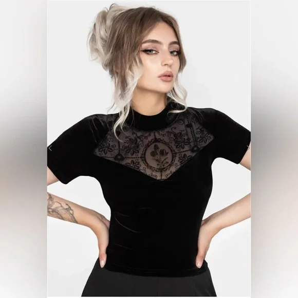 Disturbia Cameo Floral Flocked Mesh Velour High Neck Top 6 - Picture 1 of 6